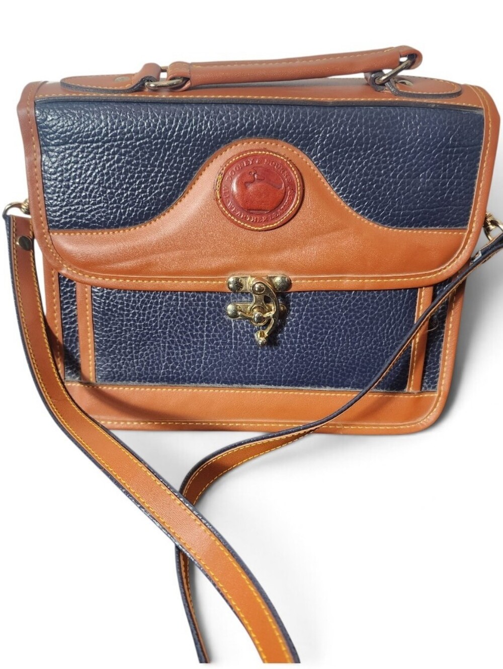 VNTG Dooney & Bourke Leather Navy British Tan Briefcase Satchel Crossbody